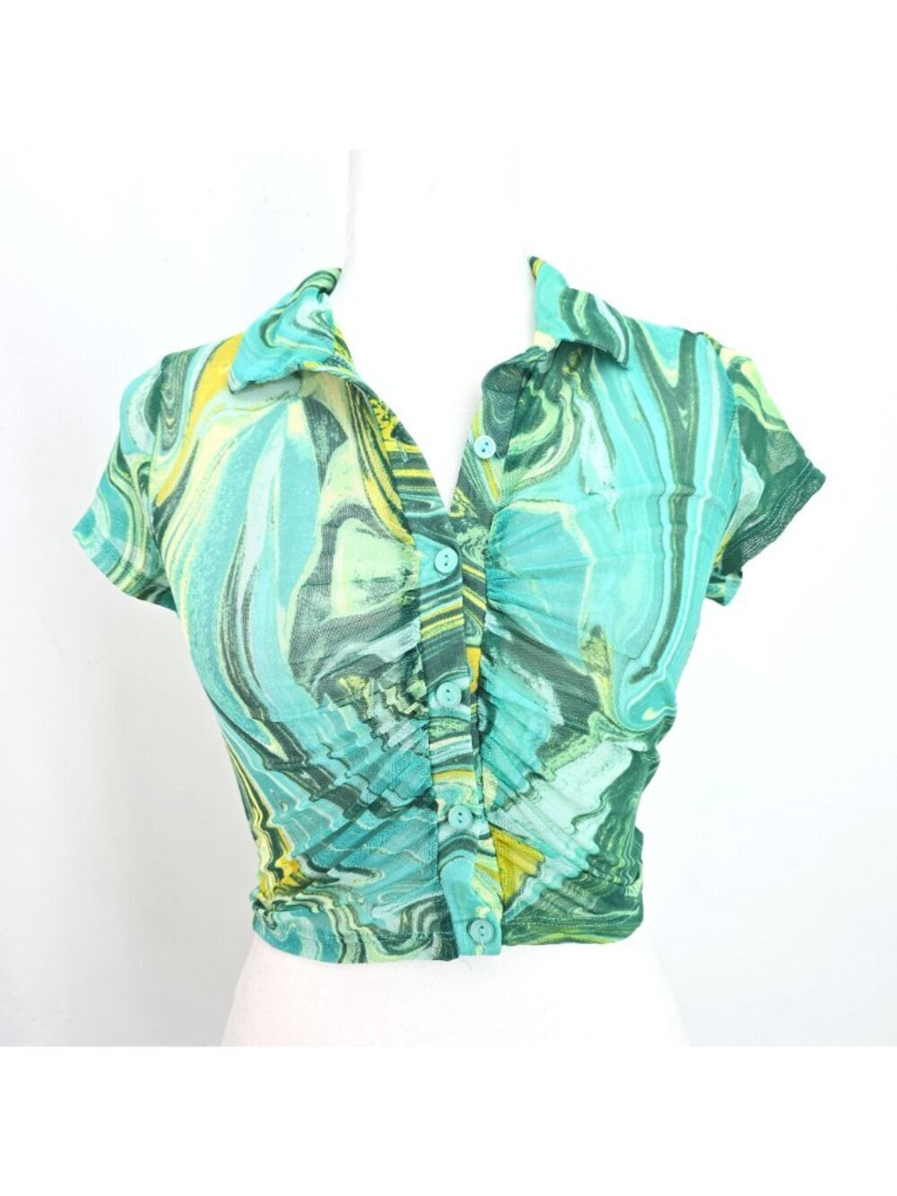 Women's Emerald Green 90s Y2K Marbled Mesh Collared Cropped Top Women Size S